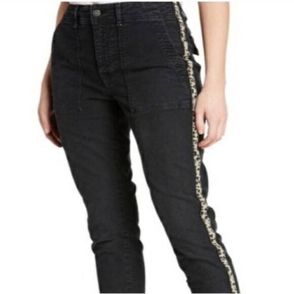 Anthropologie by Sundry Women's Black Leopard Tuxedo Striped Straight Leg Pants - Picture 1 of 9